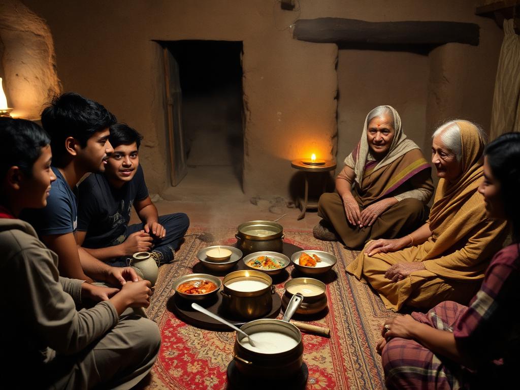 Travellers sharing dinner with a local family in a Spitian homestay kitchen