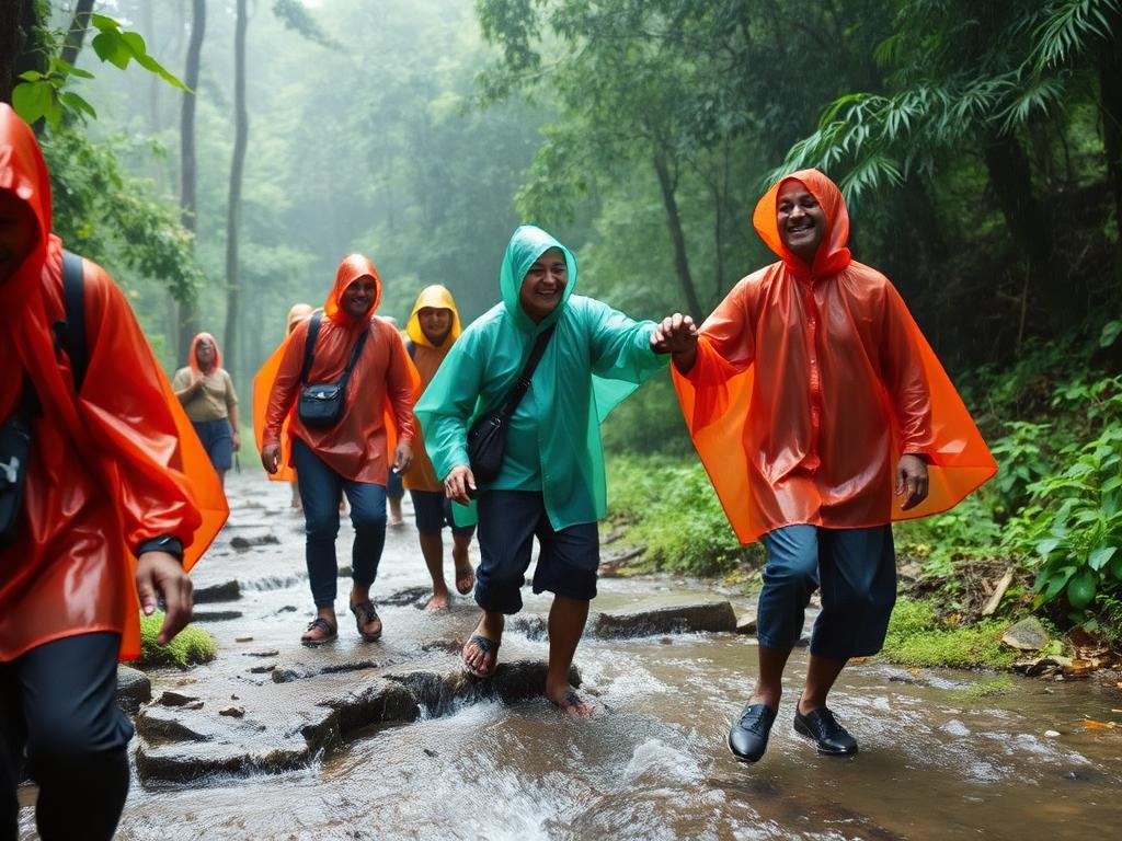 A group in rain ponchos helping each other across a stream in Meghalaya