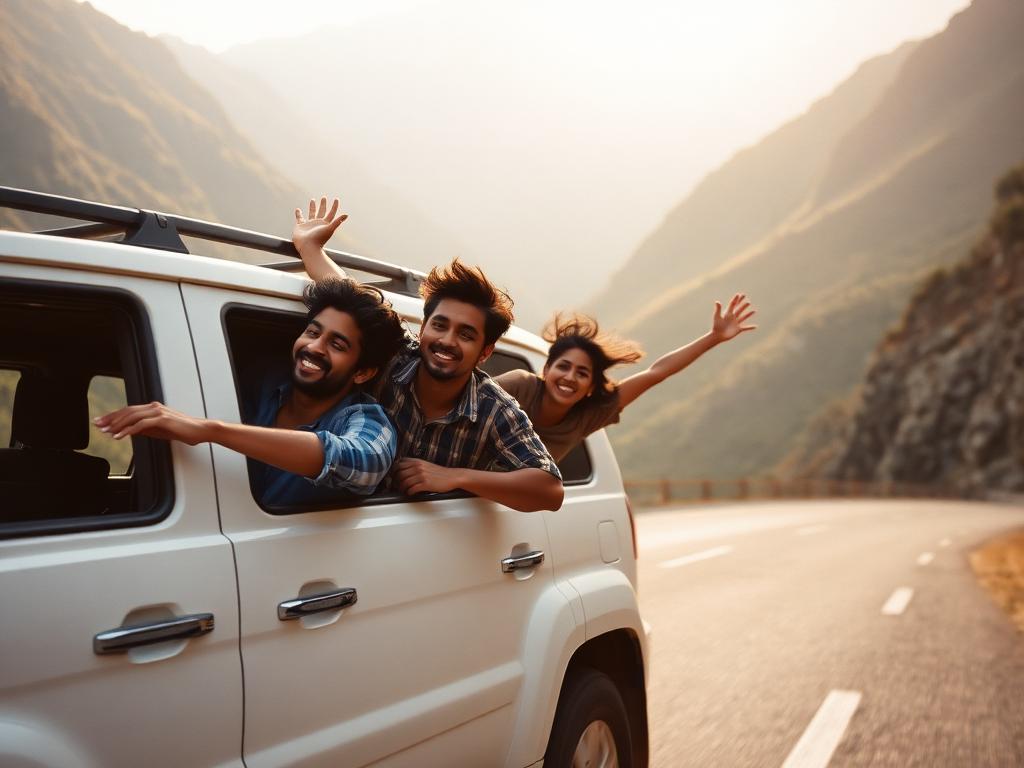 Friends leaning out of a car window on a Himalayan road trip, arms spread wide